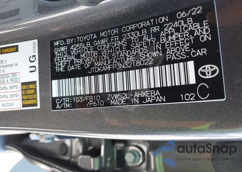 2022 Toyota Prius Prime Le z USA, uszkodzony, nr VIN JTDKAMFP3N3218022